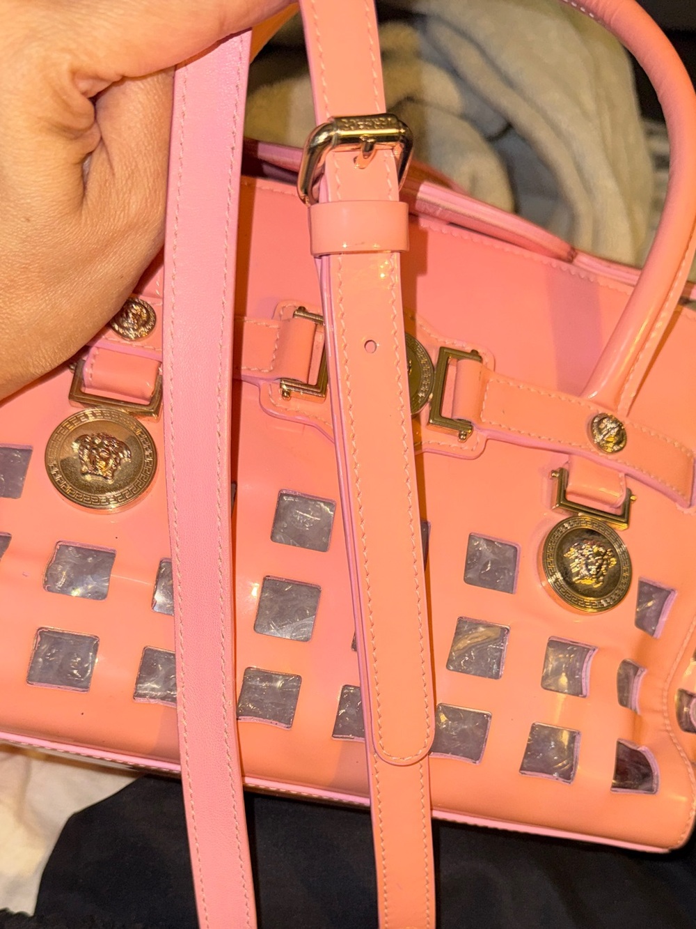 Versace Pink Patent Leather Medusa Cutout Satchel Crossbody Bag Golden Hardware - Picture 14 of 16